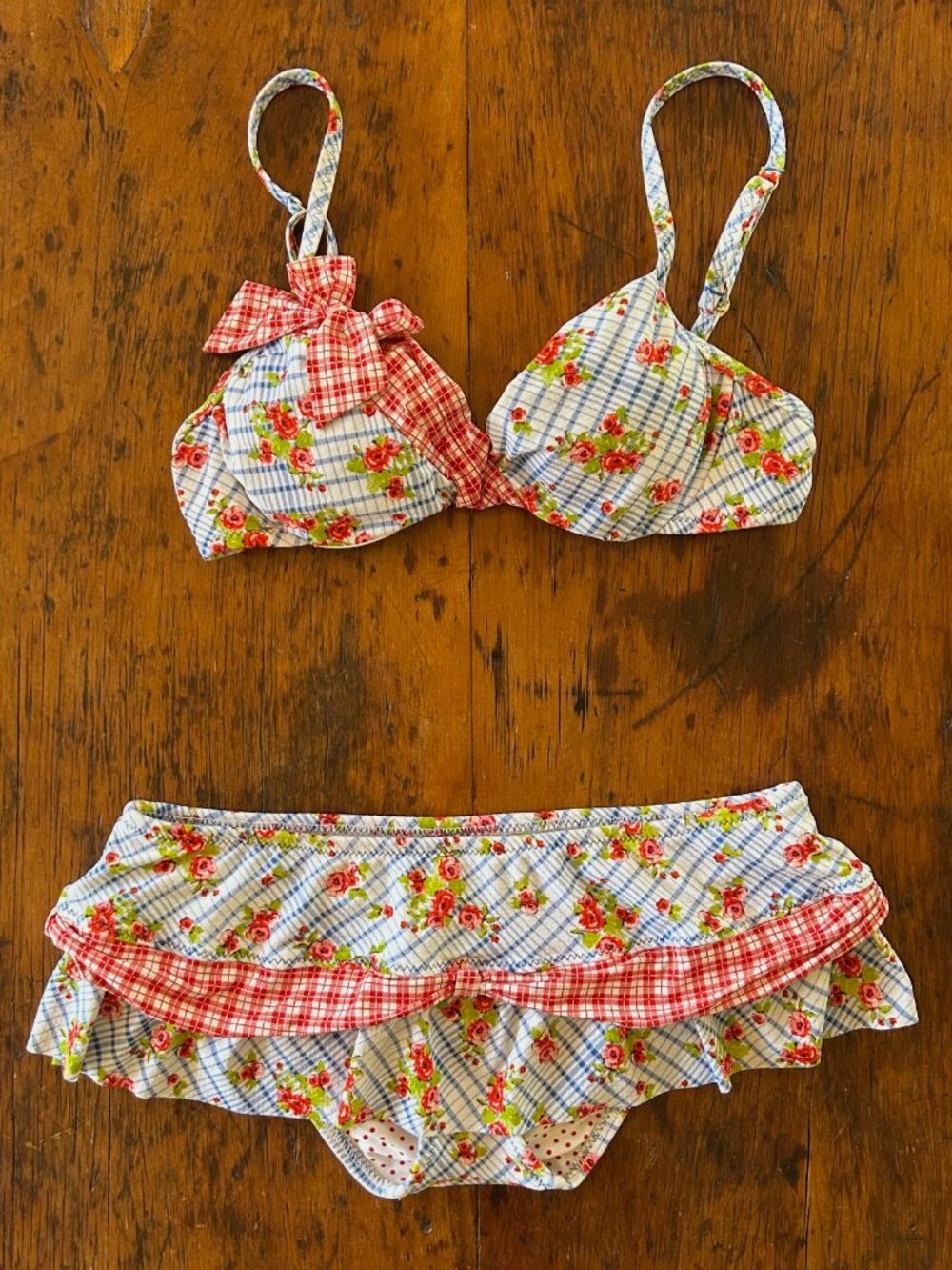 Vintage Betsey Johnson Floral Plaid Picnic Bikini Set